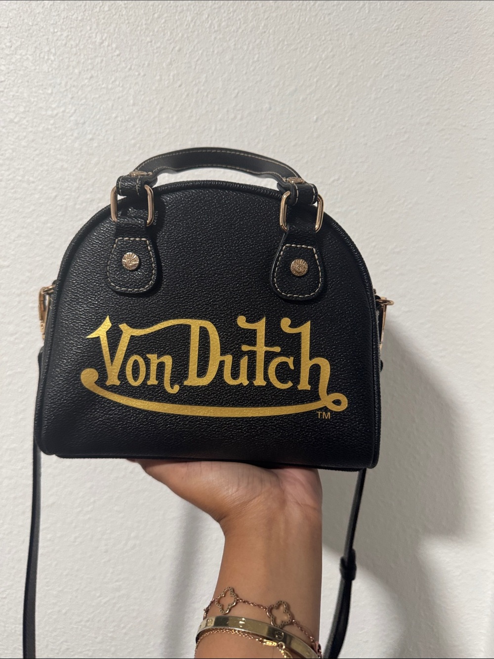 Von Dutch Black Mini Dome Bag with Gold Logo